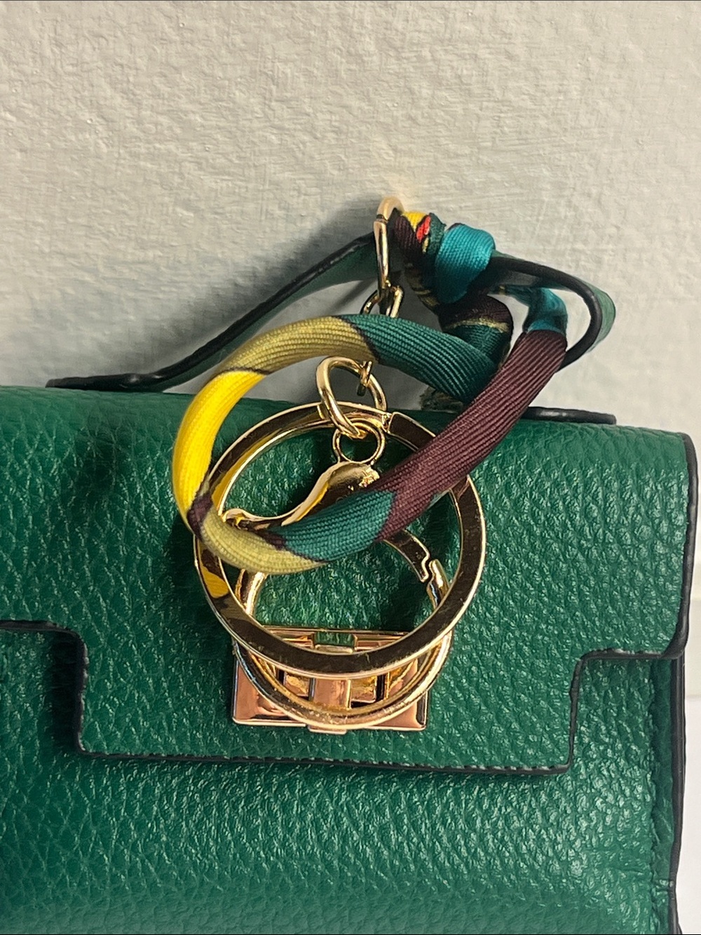 Green Mini Crossbody Key Chain Bag or Charm w/Gold Hardware & Mini Scarf 3x2x1 - Picture 4 of 10